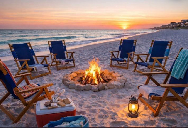 Campfire on beach with chairs and ocean
